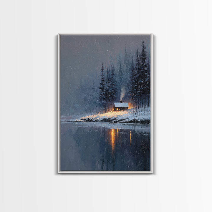Cozy Winter Cabin Snowy Landscape Lake Reflection Oil Painting Canvas Print Framed Wall Art For Rustic Decor