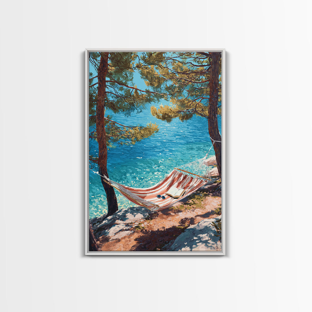 Tranquil Coastal Scene With Hammock Overlooking Sparkling Blue Ocean Landscape Painting Canvas Print Framed Canvas Print Wall Art Decor