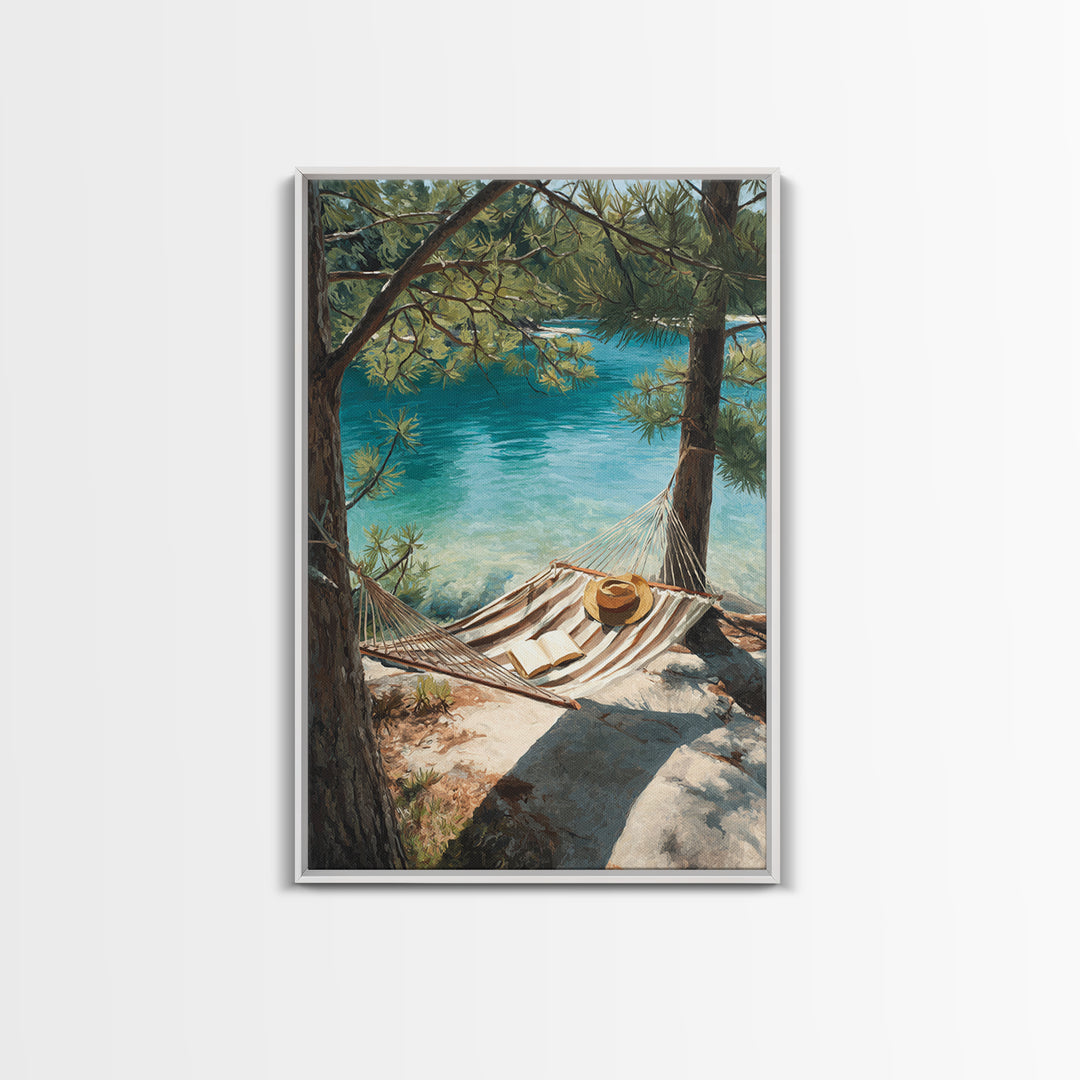Tranquil Lakeside Hammock Scene Canvas Print, Relaxing Summer Vacation Wall Art, Cozy Home Decor Living Room Art