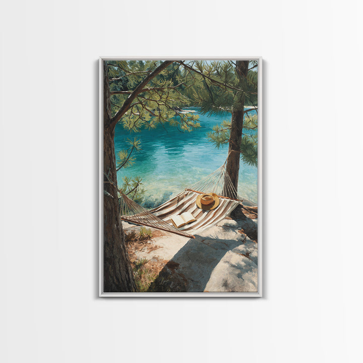 Tranquil Lakeside Hammock Scene Canvas Print, Relaxing Summer Vacation Wall Art, Cozy Home Decor Living Room Art