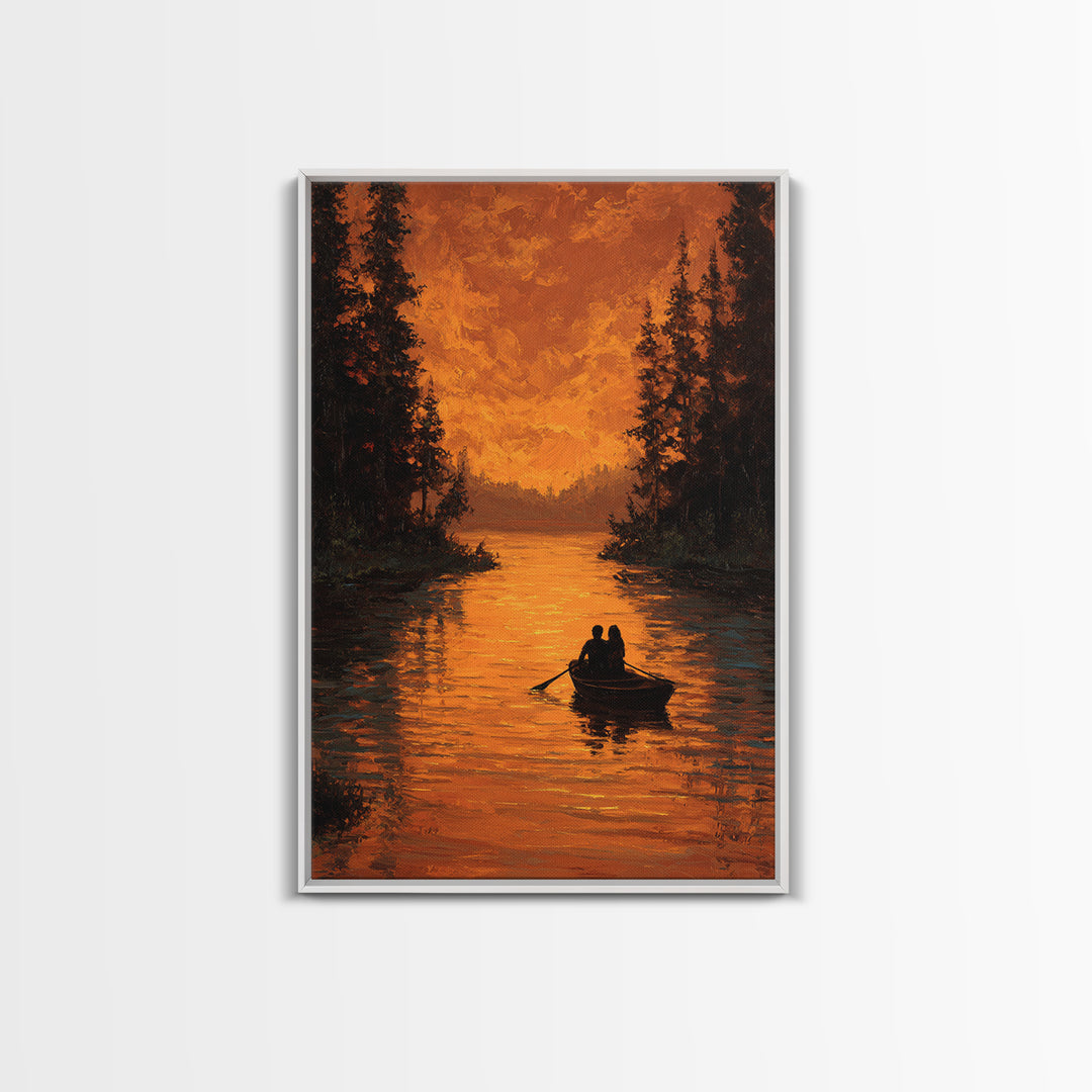 Romantic Autumn Evening Couple Rowing Boat Sunset Landscape Painting Large Wall Art Framed Canvas Print