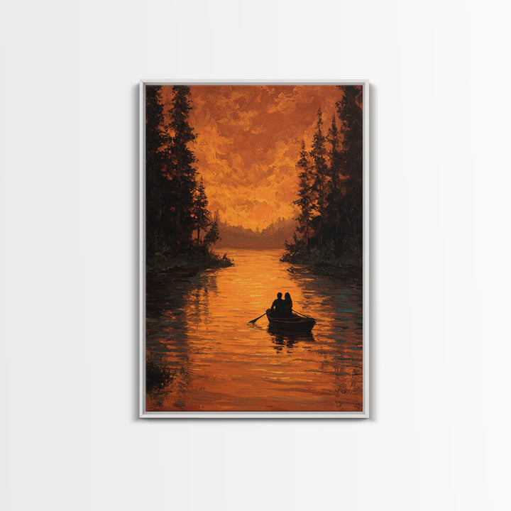 Romantic Autumn Evening Couple Rowing Boat Sunset Landscape Painting Large Wall Art Framed Canvas Print