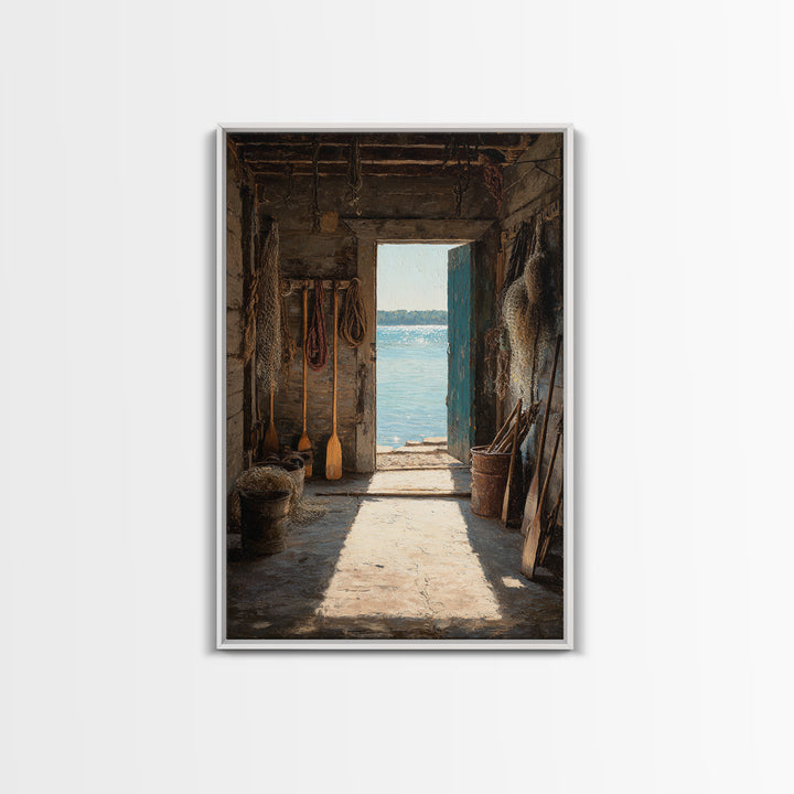 Rustic Seaside Cabin Interior With Ocean View Doorway Wall Art Print For Coastal Home Decor Or Nautical Living Room Canvas Print