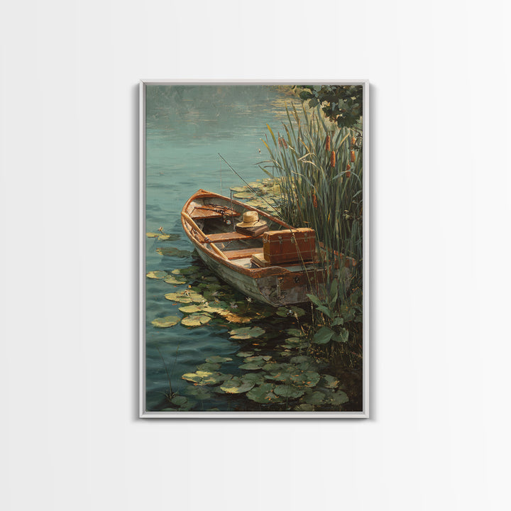 Cozy Contemporary Fishing Boat by Waterfall Original Oil Painting Wall Art Framed Canvas Print for Rustic Decor