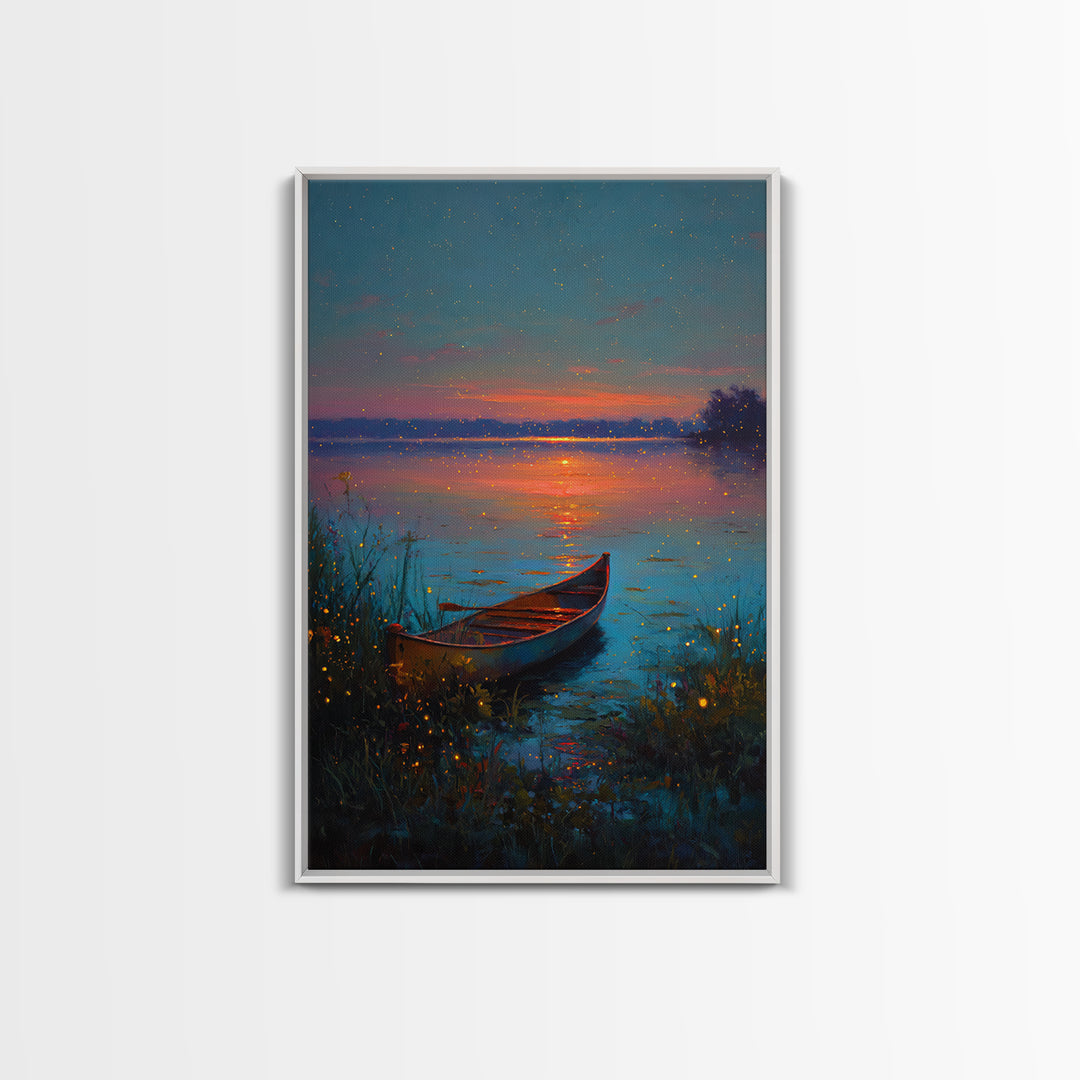 Serene Firefly Canoe Landscape At Twilight Oil Painting Large Wall Art Framed Canvas Print For Relaxing Home And Living Room