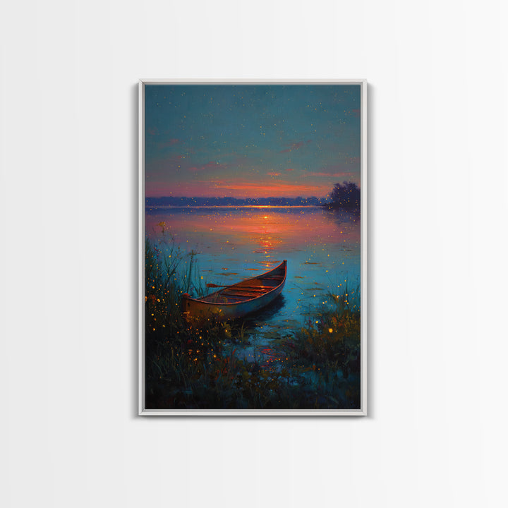 Serene Firefly Canoe Landscape At Twilight Oil Painting Large Wall Art Framed Canvas Print For Relaxing Home And Living Room