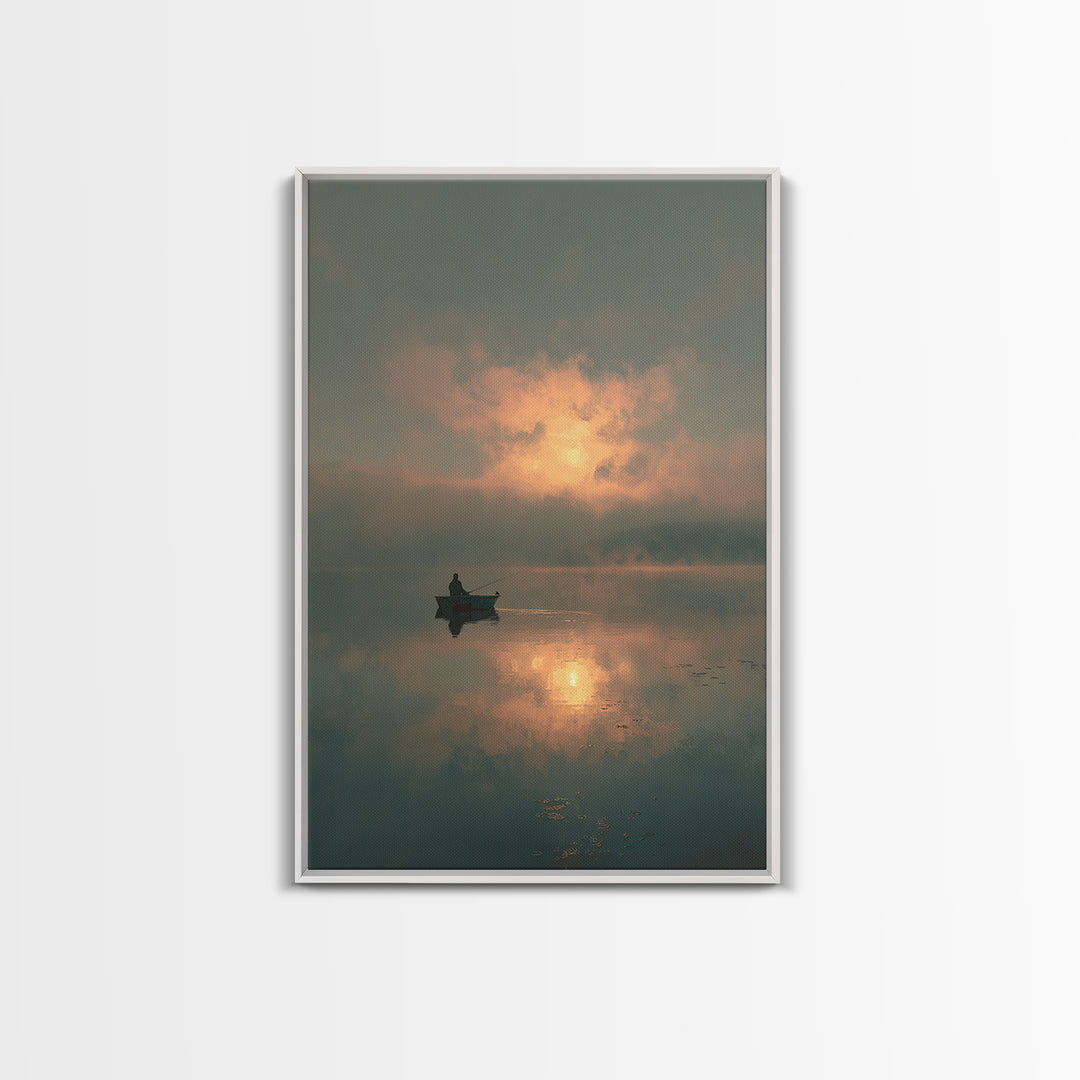 Peaceful Lone Fisherman At Sunset Canvas Print, Serene Lake Scene Wall Art, Tranquil Home Decor For Living Room