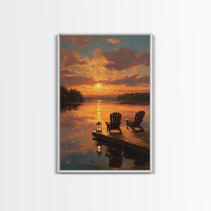 Warm Sunset Landscape Oil Painting With Adirondack Chairs And Reflection On Water Wall Art Framed Canvas Print