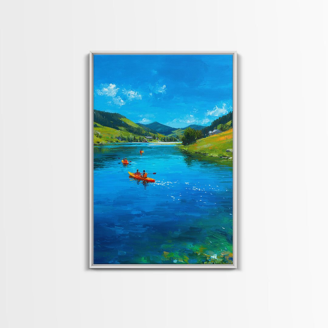 Vivid Kayakers On Blue Lake Under Clear Sky Colorful Outdoor Landscape Oil Painting Canvas Print