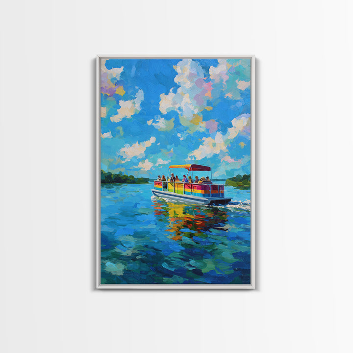 Vibrant Colorful Boat On Lake Under Blue Sky Bright Contemporary Painting Wall Art Framed Canvas Print