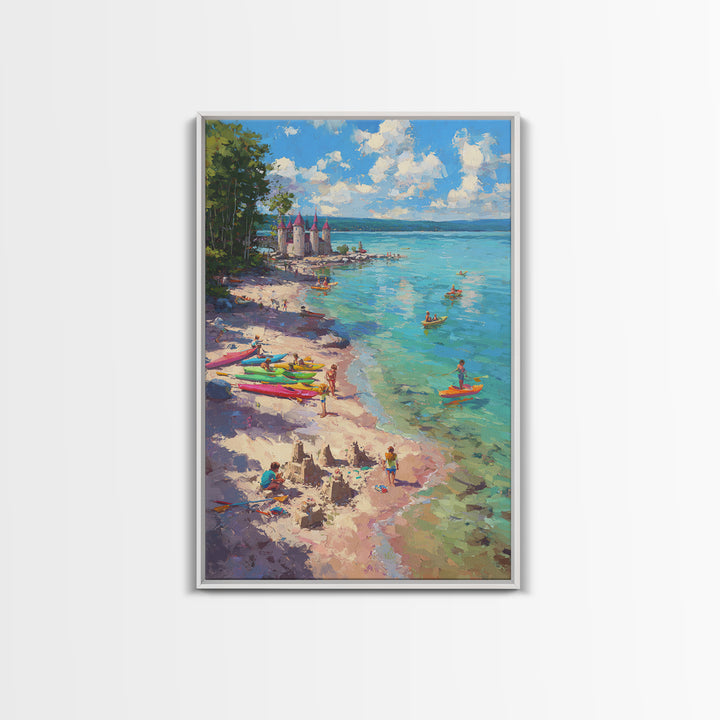 Impressionist Coastal Village Landscape Painting With Water And Boats Traditional Wall Art Large Framed Canvas Print