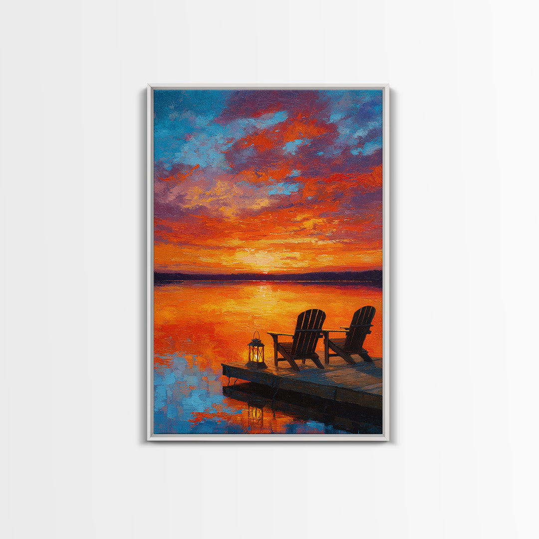 Warm Vibrant Sunset Lake Dock Scene Oil Painting Canvas Print Large Wall Art For Cozy Home Decor Living Room