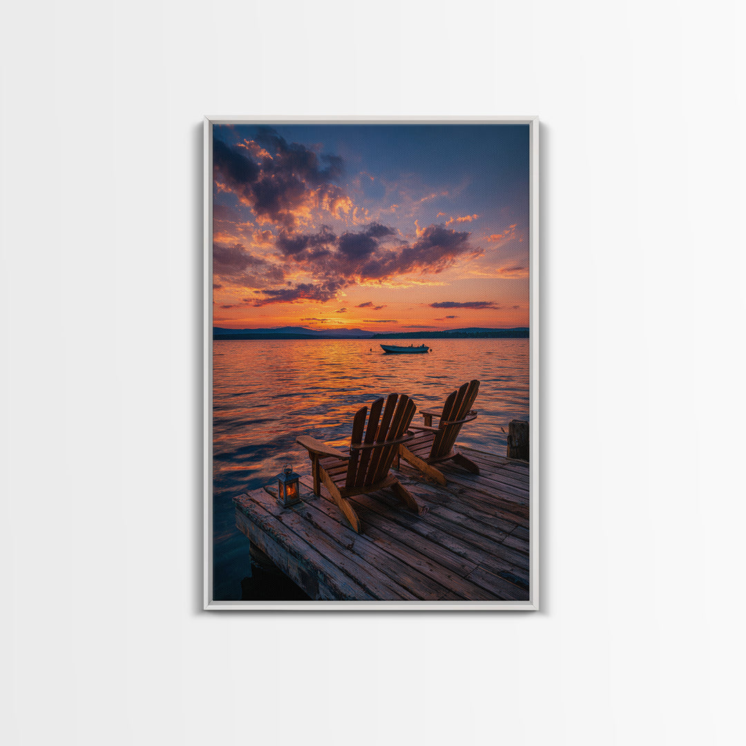Serene Sunset Over Lake With Adirondack Chairs On Dock Classic Landscape Wall Art Canvas Print