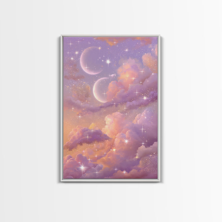 Pastel Moon And Star Cloud Canvas Print, Celestial Wall Art, Dreamy Nursery Decor, Whimsical Bedroom Decor, Gift For Her