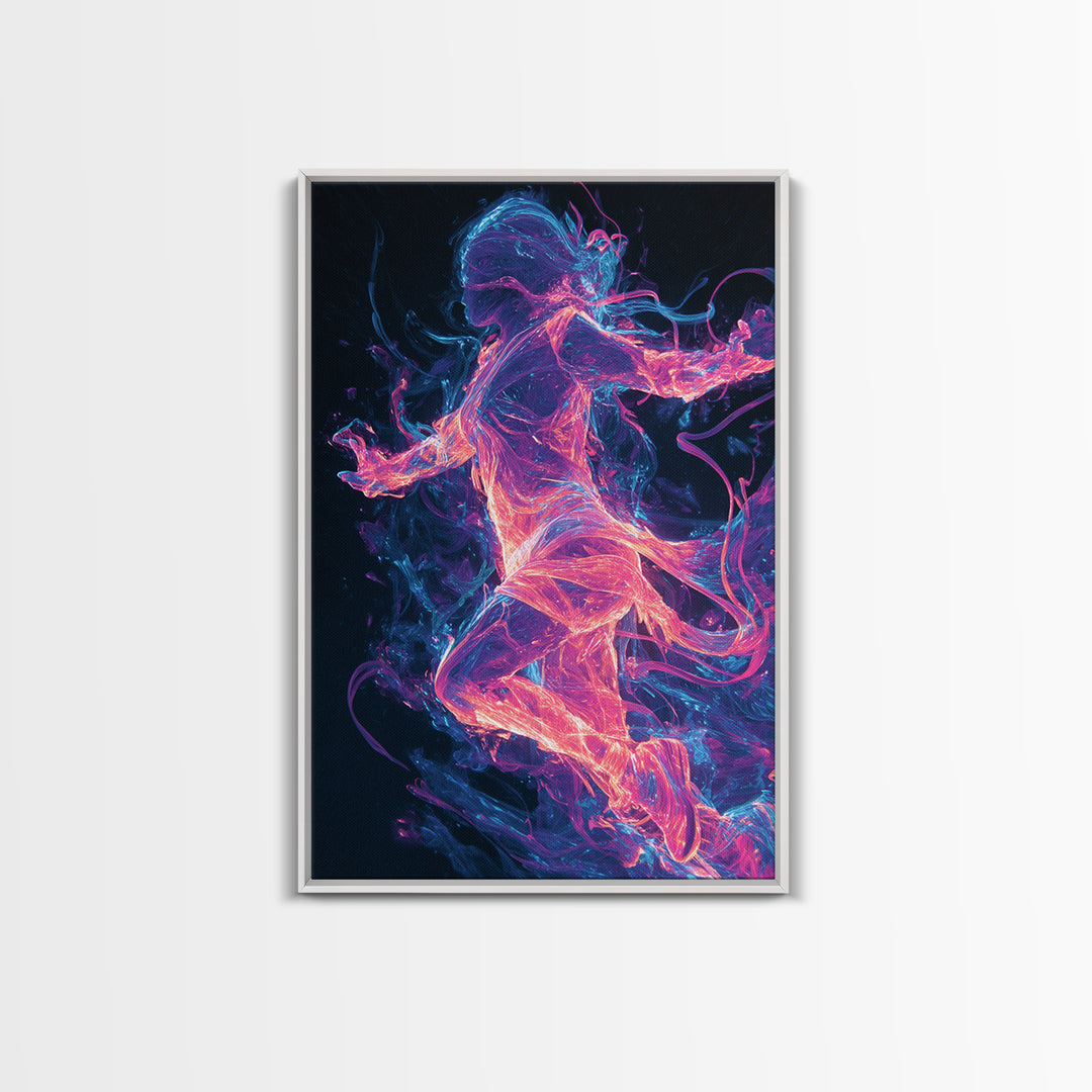 Neon Energy Dancer Framed Canvas Print, Abstract Figurative Art, Cyberpunk Decor, Vibrant Wall Art, Gift For Her, Modern Living Room Decor