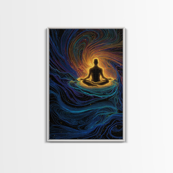 Glowing Meditation Figure Canvas Print, Spiritual Energy Wall Art, Psychedelic Zen Decor, Celestial Yoga Room Gift Decor