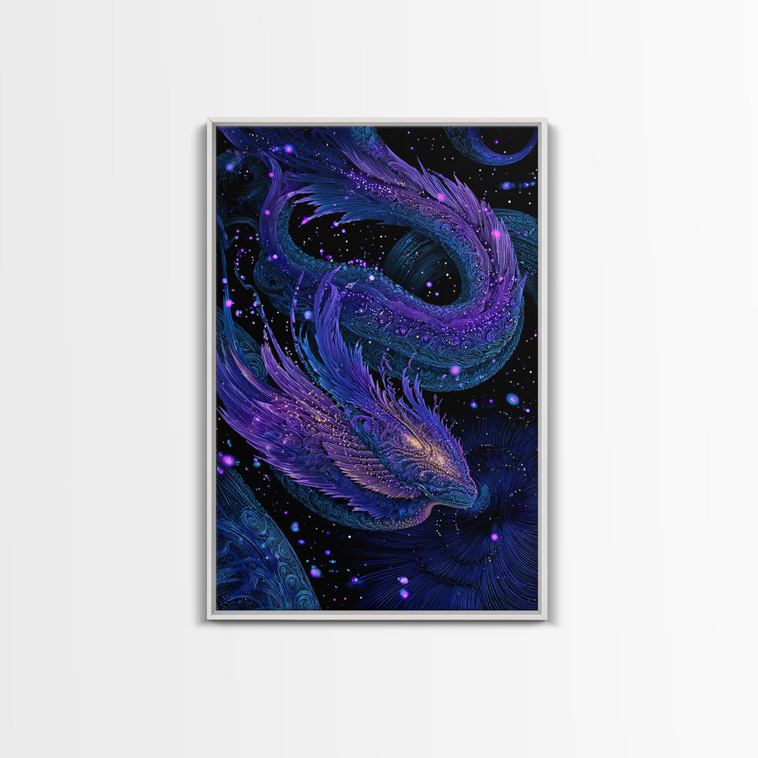 Celestial Twin Dragon Canvas Print, Purple Blue Fantasy Art, Mythical Space Wall Decor For Gamer Room And Unique Gift Idea
