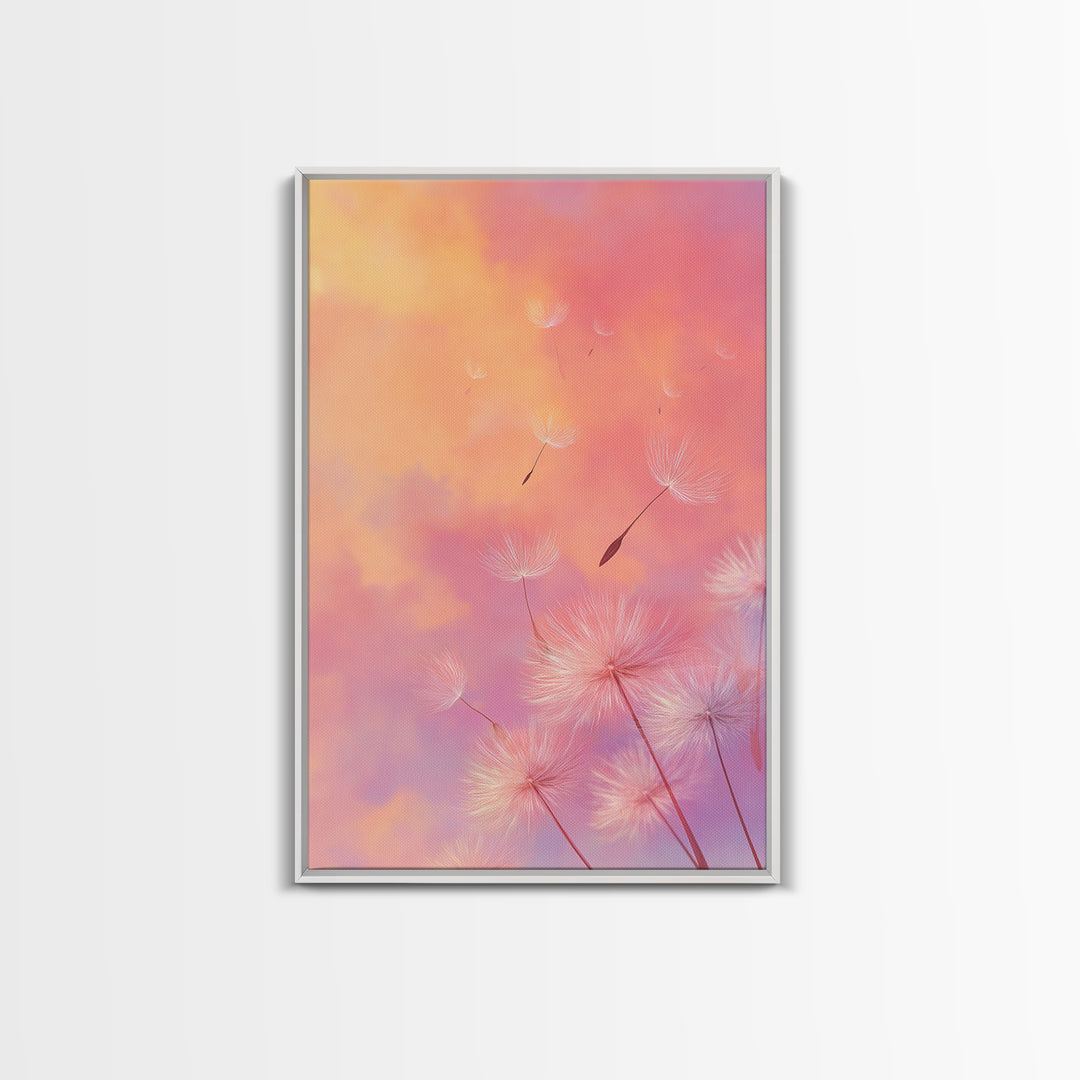 Floating Dandelion Seeds At Sunset Canvas Print, Pink Orange Wall Art For Bedroom Decor, Dreamy Feminine Nursery Art Gift