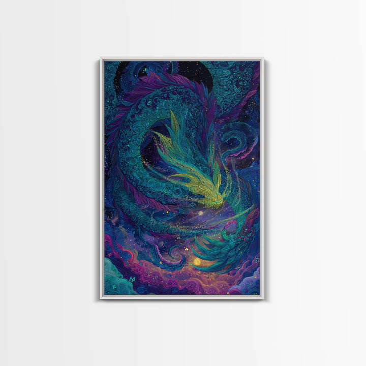 Cosmic Teal Dragon Wall Art, Fantasy Serpent Painting, Celestial Decor, Mystical Canvas, Unique Gift For Fantasy Lovers Decor