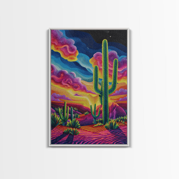Vibrant Desert Landscape Painting With Cactus And Colorful Sunset Sky Wall Art Modern Home Decor Canvas Print