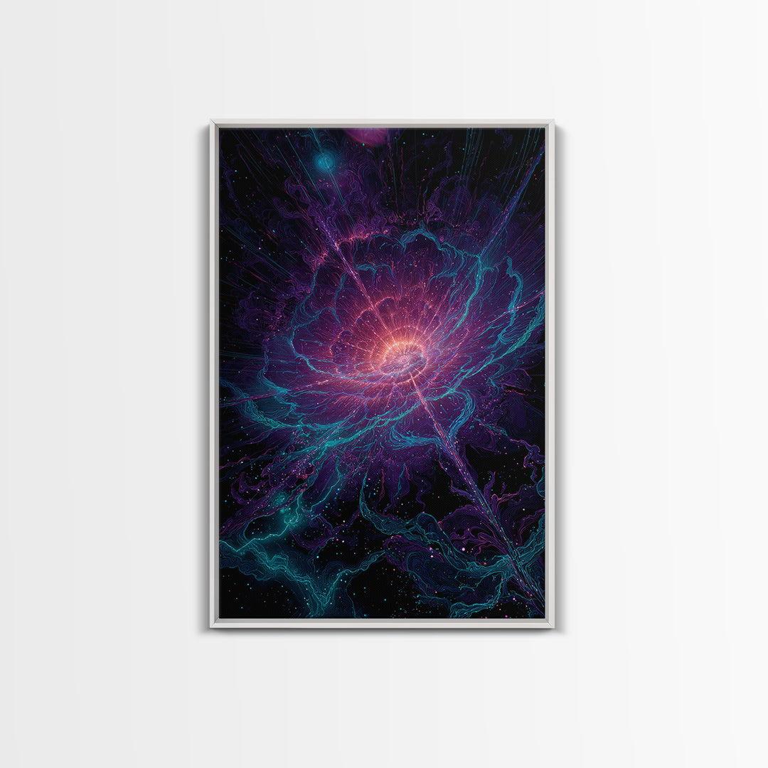 Cosmic Neon Flower Wall Art, Psychedelic Floral Canvas Print, Celestial Botanical Decor, Mystical Boho Bedroom Gift For Her