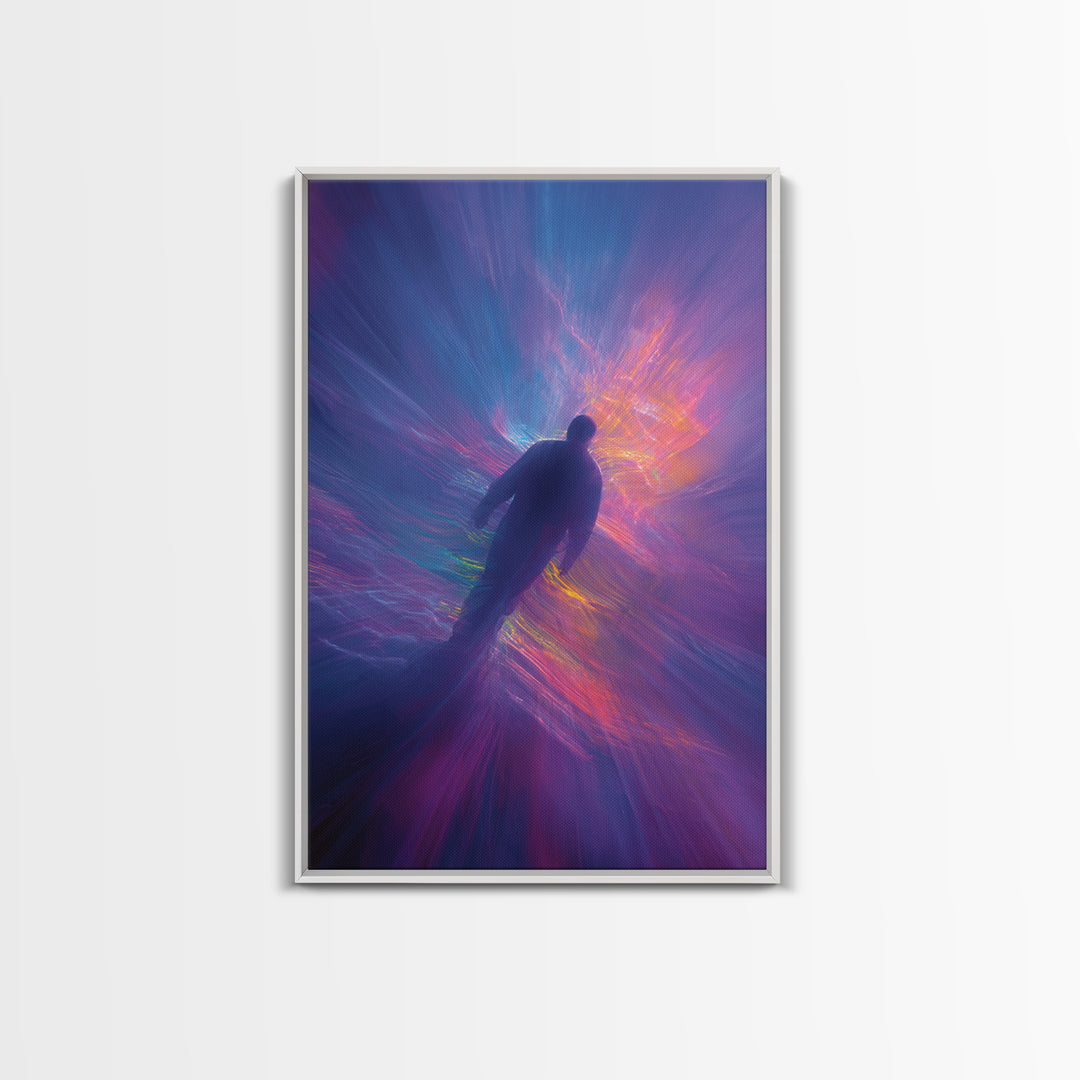 Neon Astral Figure In Purple Light Vortex Wall Art, Psychedelic Abstract Art Print, Celestial Space Decor, Modern Wall Decor