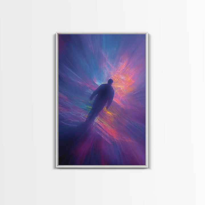 Neon Astral Figure In Purple Light Vortex Wall Art, Psychedelic Abstract Art Print, Celestial Space Decor, Modern Wall Decor