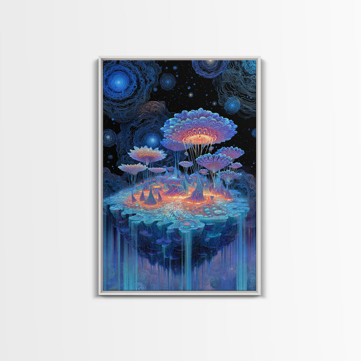 Bioluminescent Mushroom Island Framed Canvas Print, Fantasy Landscape Wall Art, Psychedelic Decor, Whimsical Nature Art