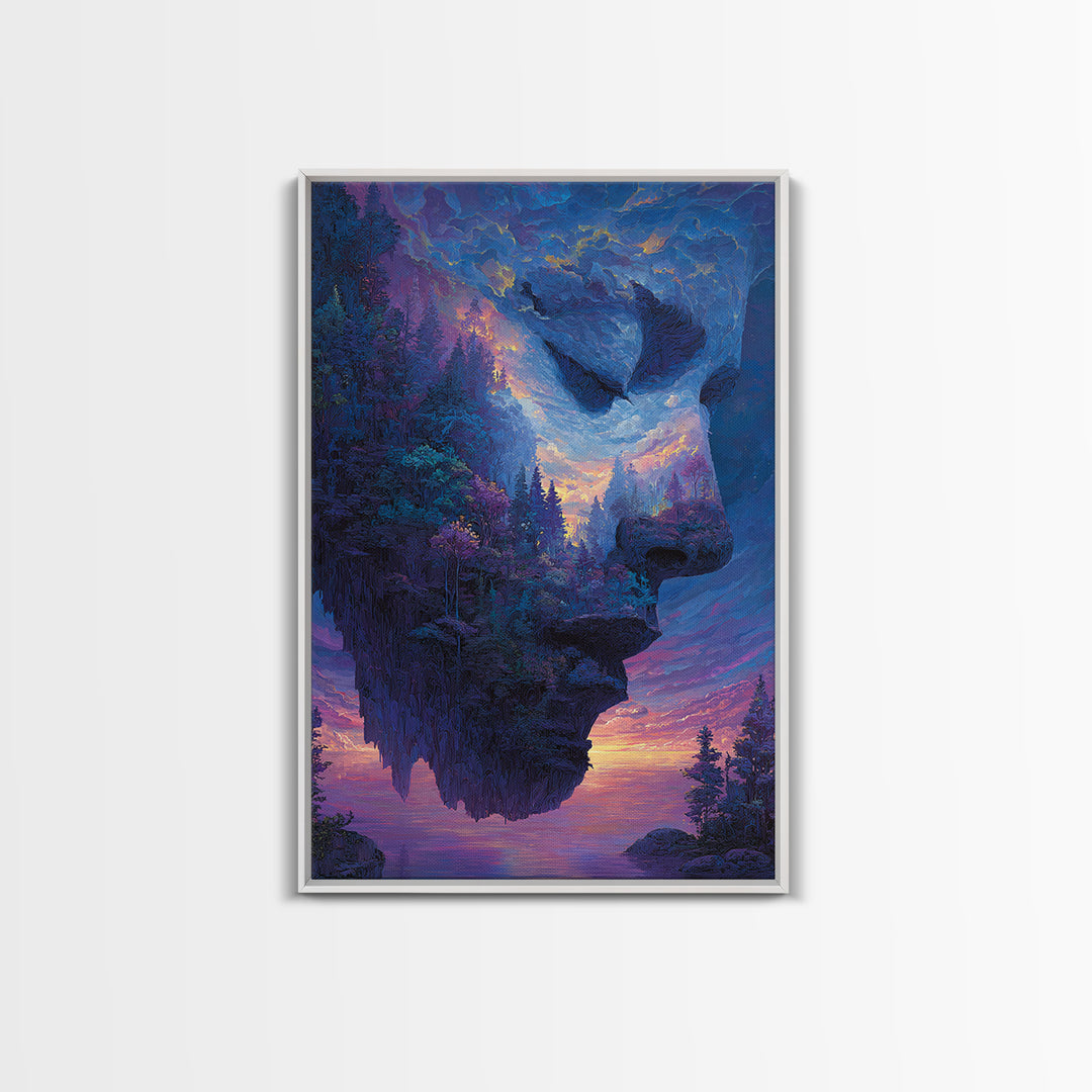 Misty Mountain Landscape With Serene Buddha Silhouette Black And White Framed Canvas Print Wall Art