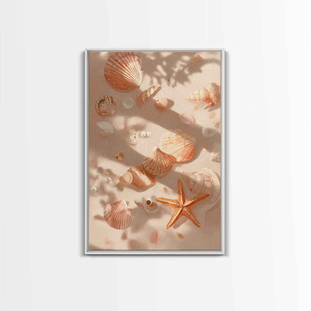 Sunlit Seashells And Starfish Framed Canvas Print, Coastal Wall Art For Beach House Decor, Nautical Bathroom Wall Decor Gift