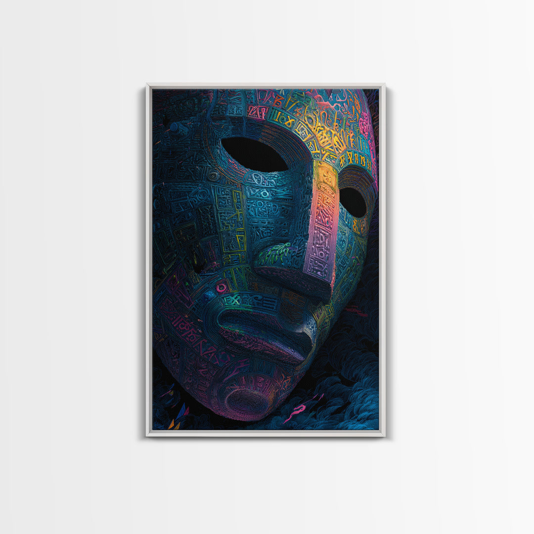 Neon Ancient Mask Portrait Wall Art, Dark Surreal Art Print, Psychedelic Gothic Decor, Futuristic Statement Artwork Gift