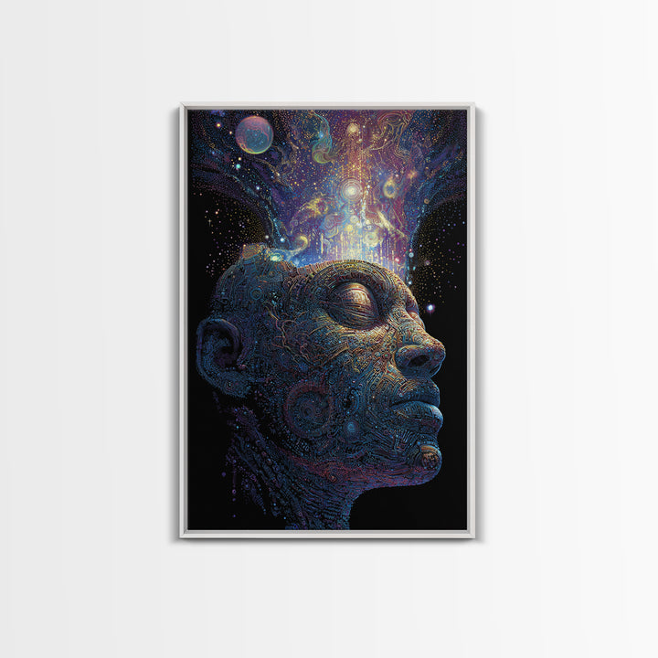 Cosmic Mind Portrait Framed Canvas Print, Psychedelic Space Wall Art, Visionary Consciousness Decor, Spiritual Gift For Him