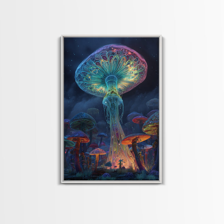 Vibrant Neon Mushroom Fantasy Landscape Canvas Print With Glowing Magical Fungi In A Mystical Night Forest Wall Art