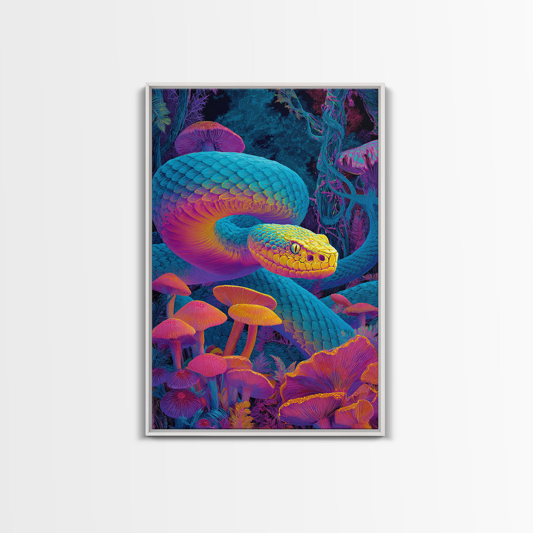 Vibrant Psychedelic Snake and Mushroom Art Wall Art Canvas Print Colorful Modern Wall Decor