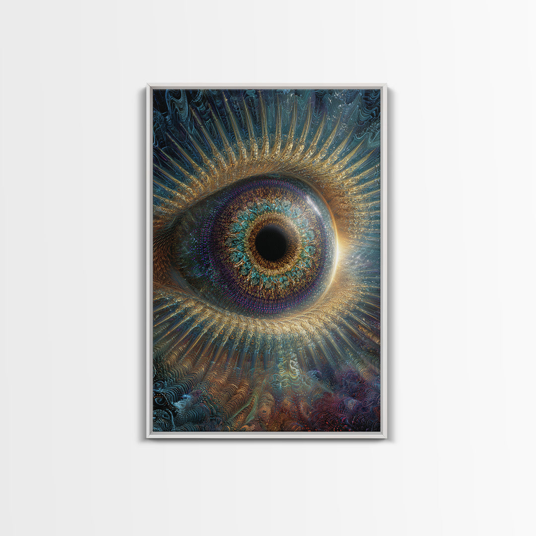 Surreal Cosmic Eye Wall Art, Mystical Iris Framed Canvas Print, Spiritual Vision Office Decor, Statement Artwork Gift For Him