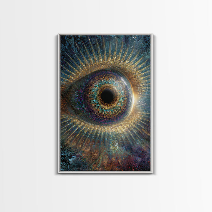 Surreal Cosmic Eye Wall Art, Mystical Iris Framed Canvas Print, Spiritual Vision Office Decor, Statement Artwork Gift For Him