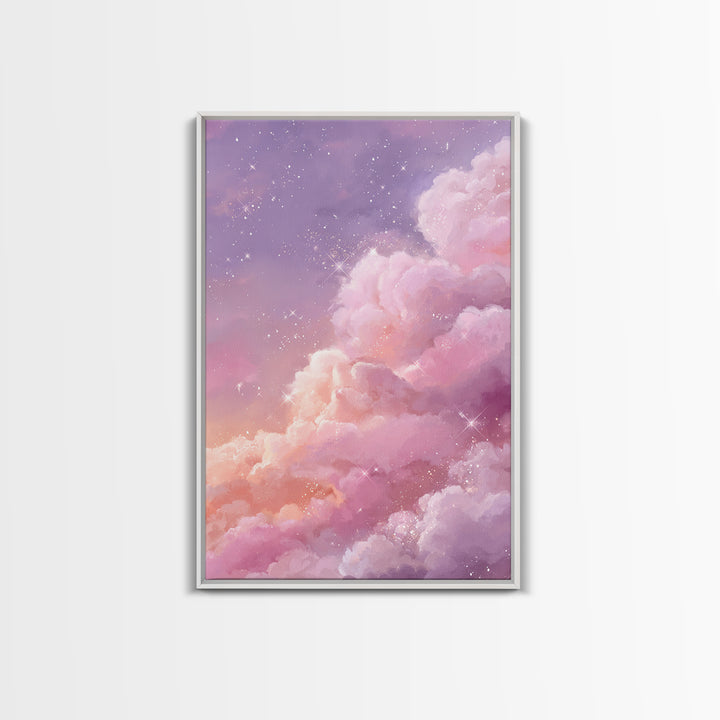 Sparkling Pink Clouds Under Starry Sky Canvas Print, Celestial Wall Art For Dreamy Bedroom Decor And Whimsical Nursery Decor