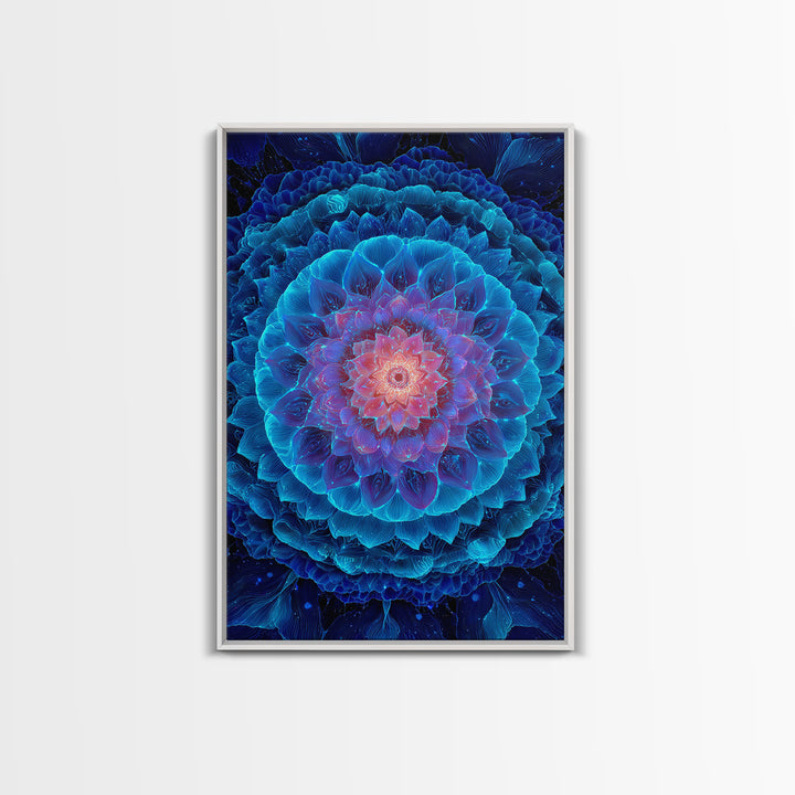 Glowing Blue Lotus Mandala Framed Canvas Print, Spiritual Wall Art, Meditation Decor, Celestial Abstract Art For Yoga Room
