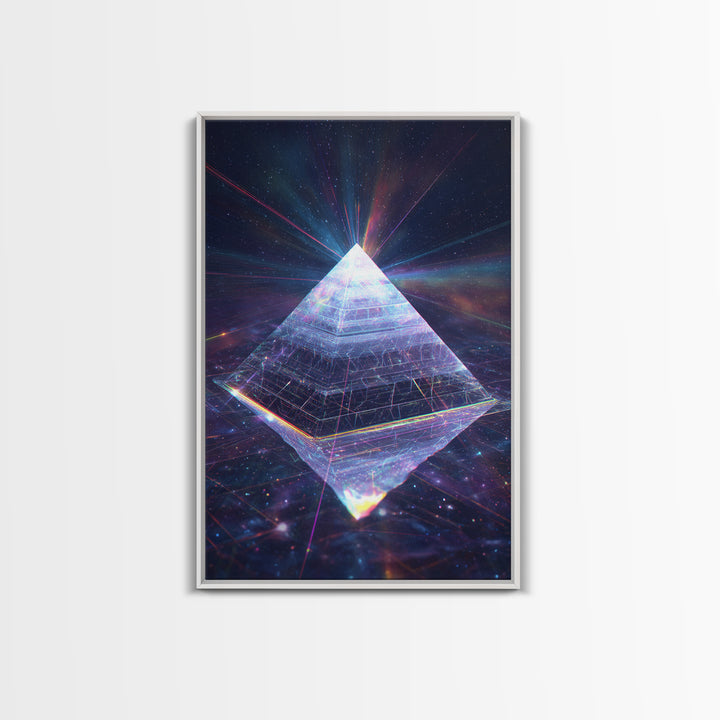 Glowing Crystal Pyramid Framed Canvas Print, Celestial Space Wall Art, Sacred Geometry Decor For Modern Home And Office Decor