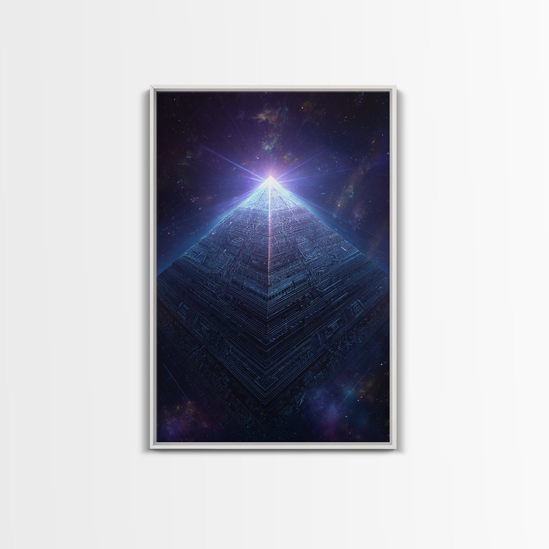 Luminous Cosmic Pyramid In Starry Space Wall Art, Geometric Sci Fi Art Print, Futuristic Decor, Mystical Statement Wall Art
