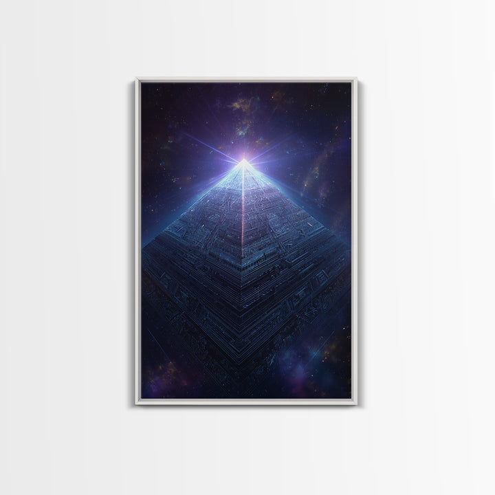 Luminous Cosmic Pyramid In Starry Space Wall Art, Geometric Sci Fi Art Print, Futuristic Decor, Mystical Statement Wall Art