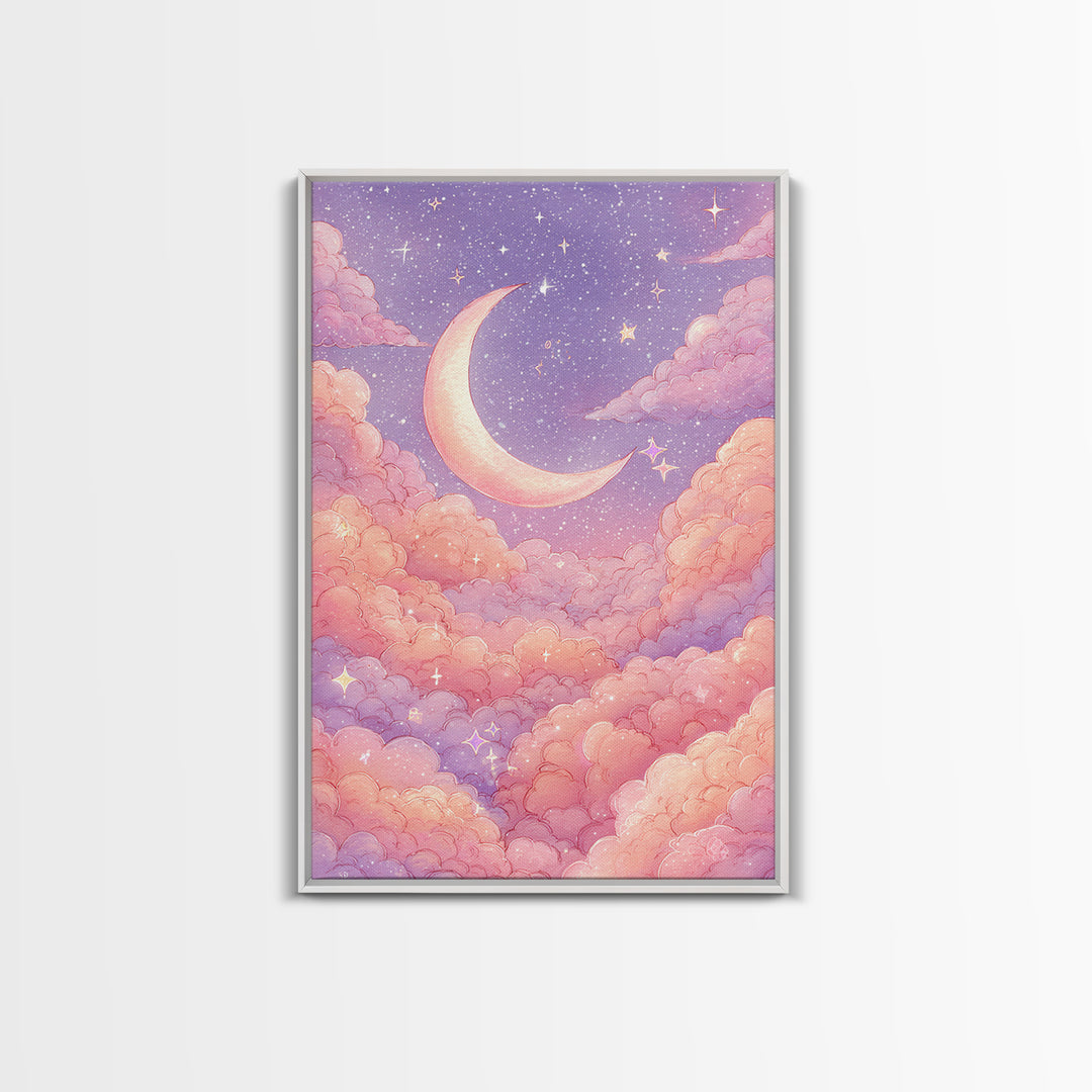 Pastel Crescent Moon In Pink Clouds Wall Art, Celestial Nursery Art, Dreamy Moon And Stars Decor For Bedroom Wall Decor Gift