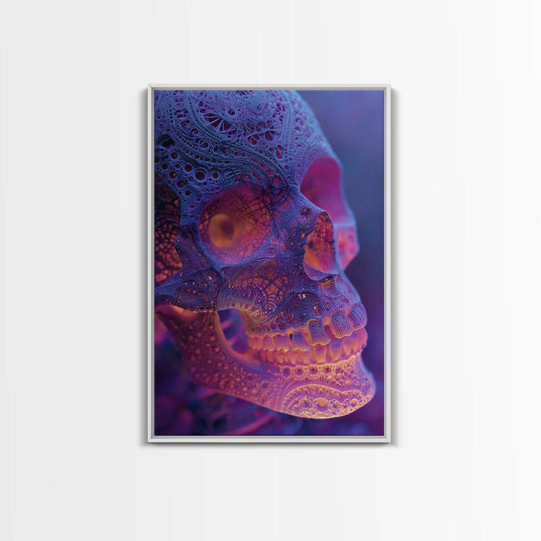Ornate Lace Skull Wall Art, Gothic Surreal Portrait, Dark Academia Decor, Halloween Canvas Art, Moody Bathroom Wall Decor