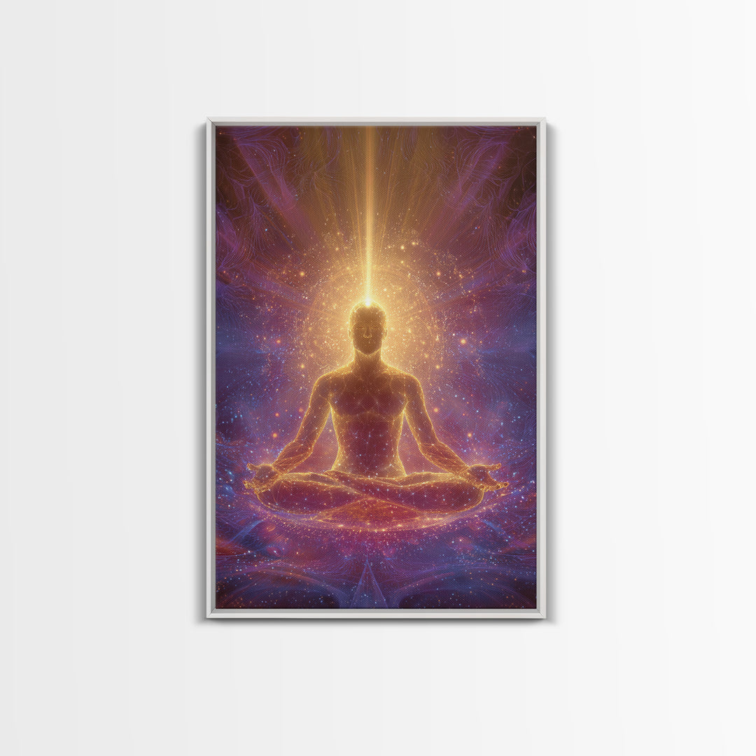Spiritual Meditation Man Illuminated In Cosmic Energy Glow Wall Art Canvas Print For Mindfulness Home And Yoga