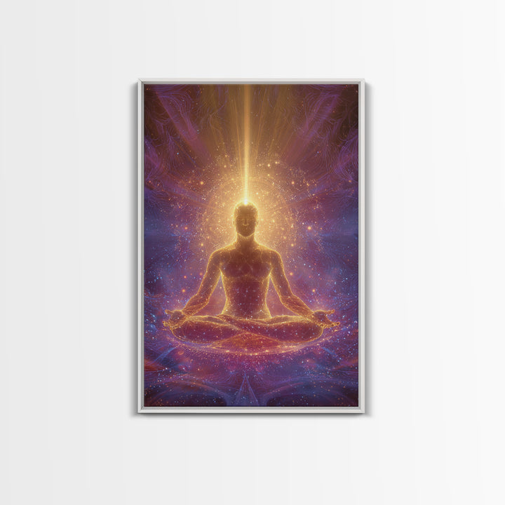 Spiritual Meditation Man Illuminated In Cosmic Energy Glow Wall Art Canvas Print For Mindfulness Home And Yoga