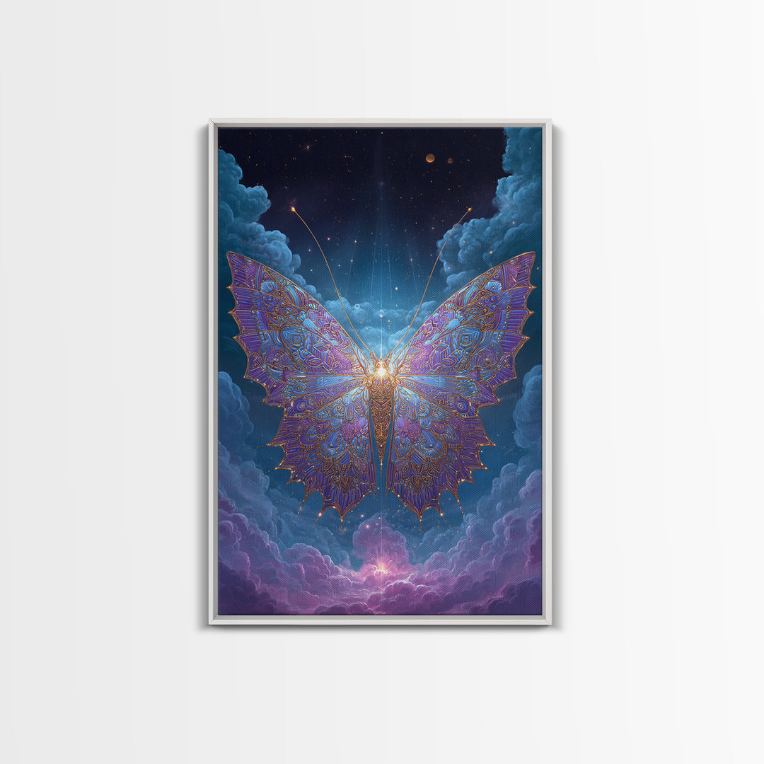 Radiant Celestial Butterfly Framed Canvas Print, Fantasy Insect Wall Art, Mystical Cloud Decor, Ethereal Nursery Gift Idea