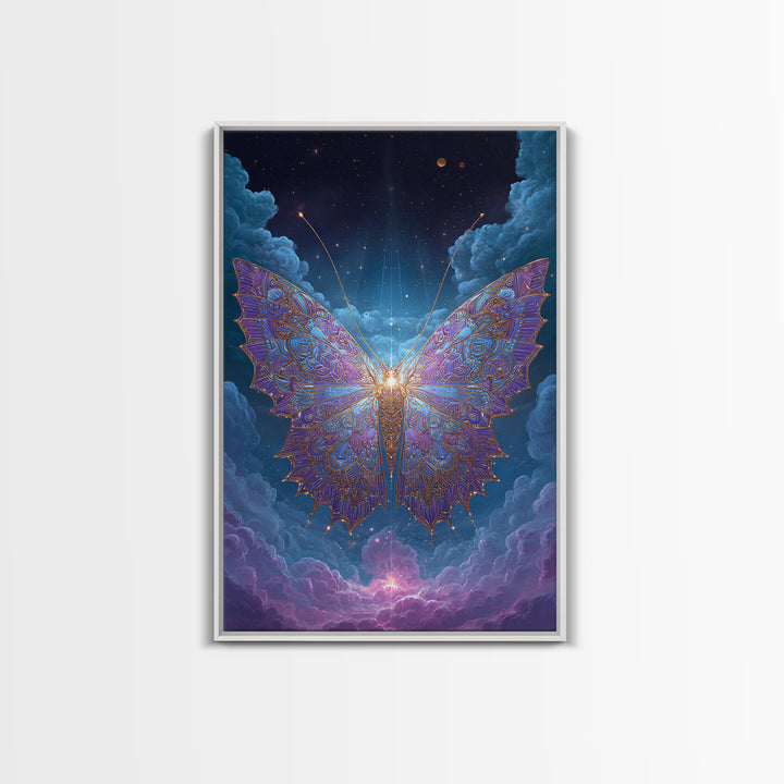 Radiant Celestial Butterfly Framed Canvas Print, Fantasy Insect Wall Art, Mystical Cloud Decor, Ethereal Nursery Gift Idea