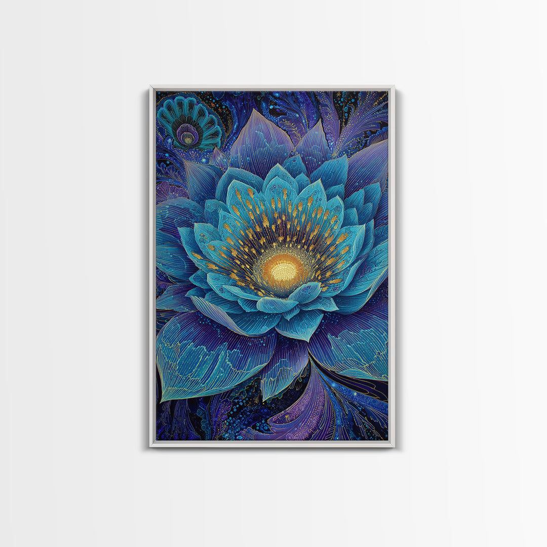 Radiant Blue Lotus Flower Wall Art, Spiritual Botanical Print, Meditation Room Decor, Boho Yoga Studio Canvas Gift For Her