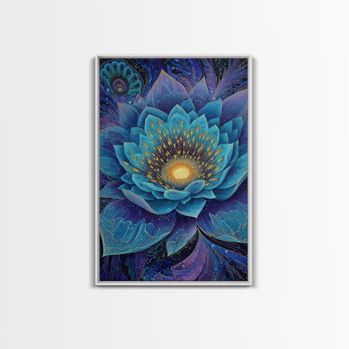 Radiant Blue Lotus Flower Wall Art, Spiritual Botanical Print, Meditation Room Decor, Boho Yoga Studio Canvas Gift For Her