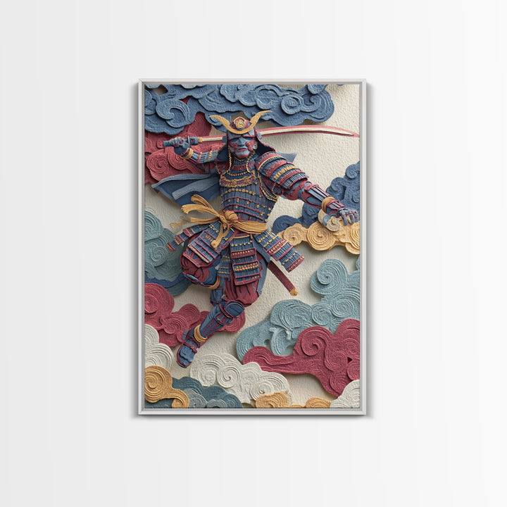 Blue Red Samurai Warrior With Katana Framed Canvas Print, Japanese Wall Art For Martial Arts Decor And Masculine Office Decor